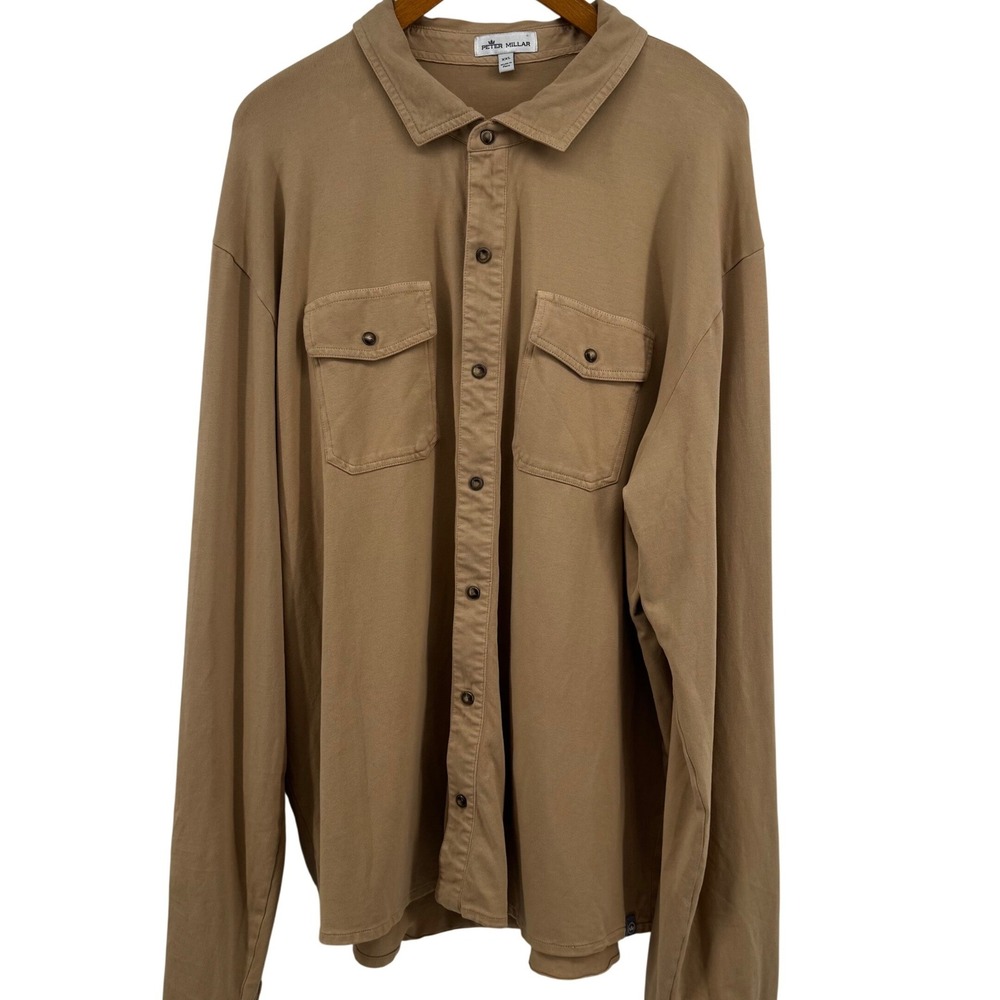 Peter Millar Mens XXL Tan Brown Pima Cotton Spandex Pearl Snap Shirt MS22K20